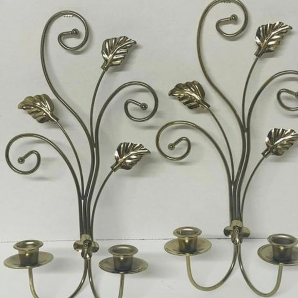 Pair of Home Interiors Metal Wall Sconces. Scroll/Leaf Hollywood Regency Gold - Picture 2 of 5